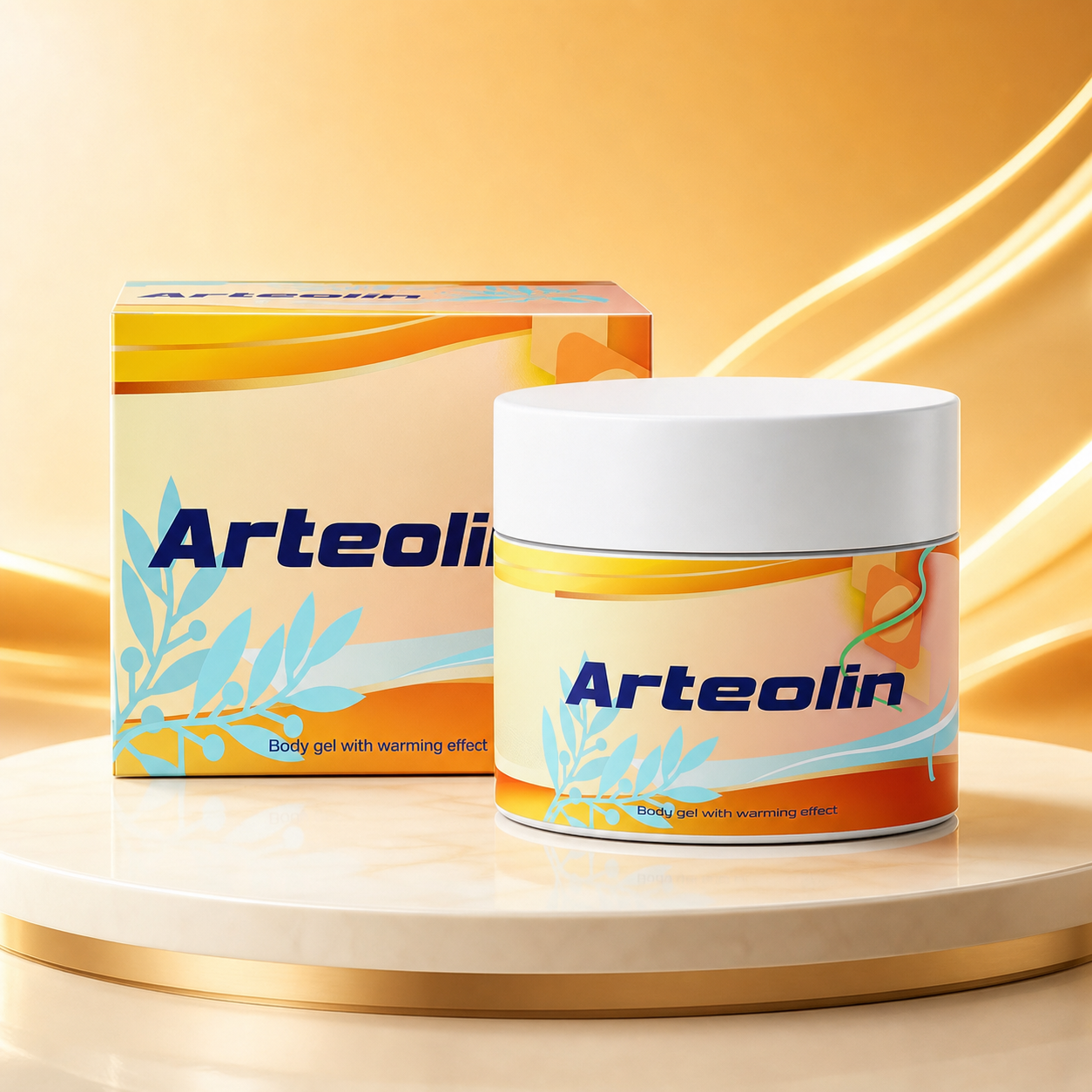Бурканче Arteolin 50 ml и картонената му опаковка в топла кехлибарена светлина